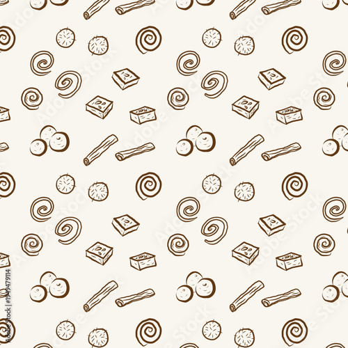 Indian sweets. vector seamless pattern with Laddu, Jalebi, Barfi. Festive repeat background for Diwali festival. Traditional Mithai dessert in line art. Celebration food. For wrapping, card, paper