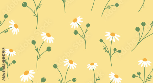 A vibrant floral pattern featuring white daisies and green stems on a bright yellow background