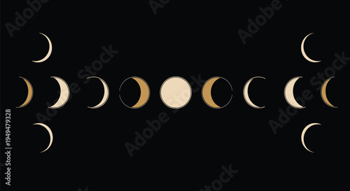 A stunning visual representation of the lunar cycle in various phases against a dark background