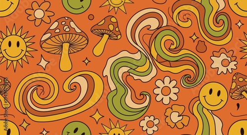 A vibrant and playful illustration of psychedelic patterns and cartoon characters on an orange background