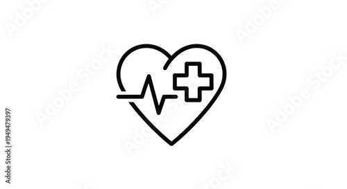 Simple black and white line drawing of a heart with a medical cross and ecg