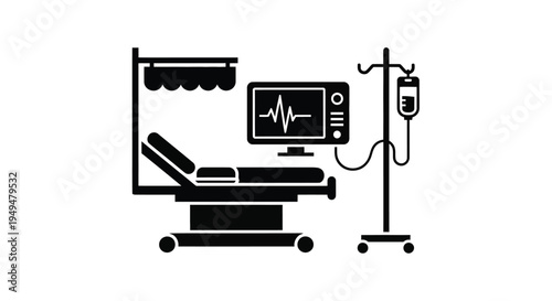 Hospital bed with medical monitor and iv drip black silhouette icon