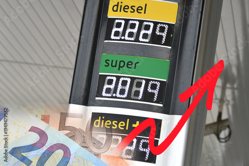 Electronic fuel price displays at a gas station. Prices are rising. Concept of rising gasoline and diesel prices due to the war in the Middle East.