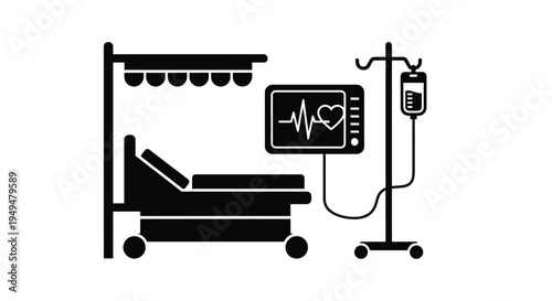 Hospital bed with medical equipment and heart rate monitor display