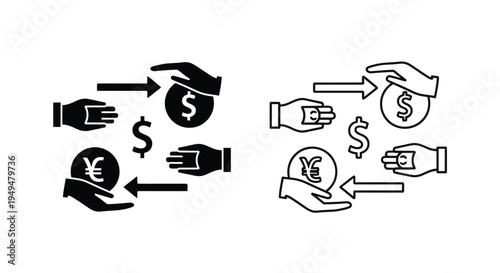 Financial transactions depicted with hands exchanging money and currency symbols