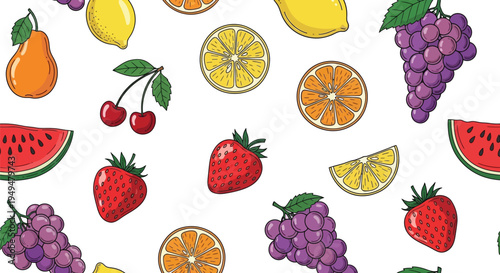 A colorful illustration of various fruits on a white background