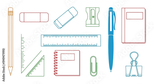Colorful outline of common school and office stationery items arranged neatly