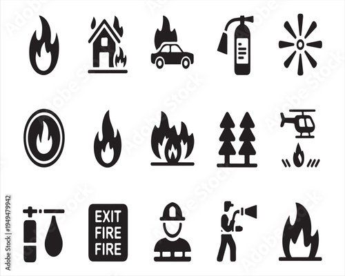 Fire safety and emergency icon set featuring flame, burning house, fire extinguisher, alarm system, sprinkler, fire truck, evacuation exit, firefighter and hazard warning minimal vector glyph icons co