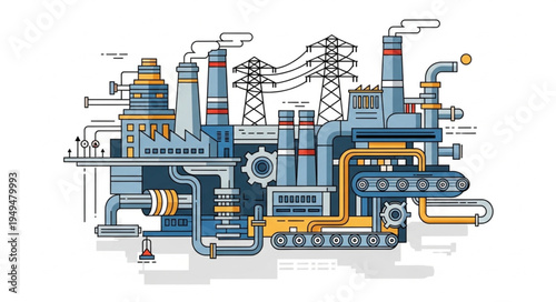 Industrial factory complex with pipes and chimneys illustration.