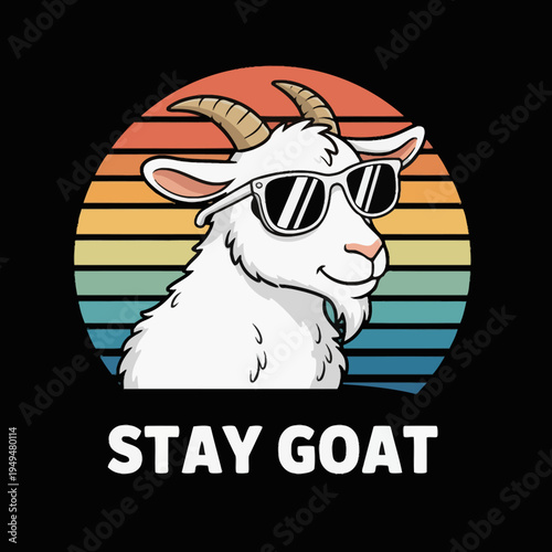 Goat wearing sunglasses smiling happy.