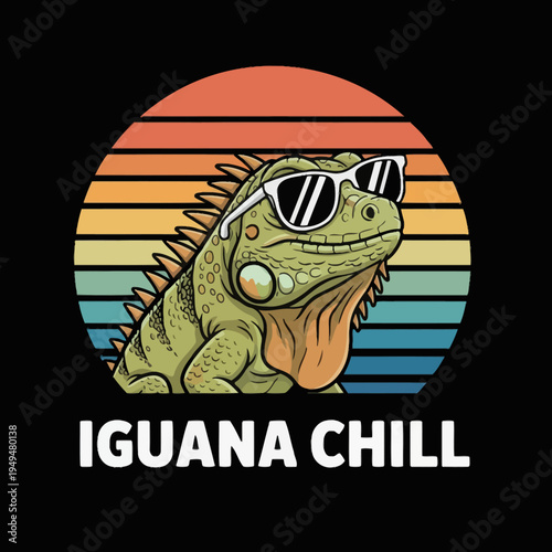Iguana wearing sunglasses relaxed expression.