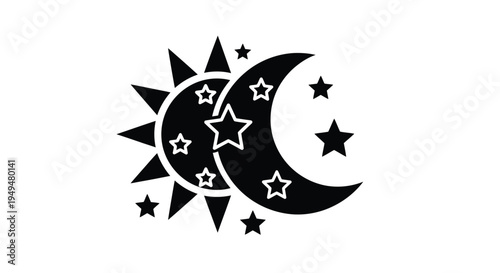 Stylized sun and crescent moon illustration with scattered stars