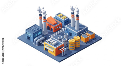 Isometric industrial factory complex with smoking chimneys and pipelines.