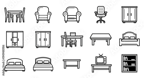 Collection of simple line art furniture icons for interior design.