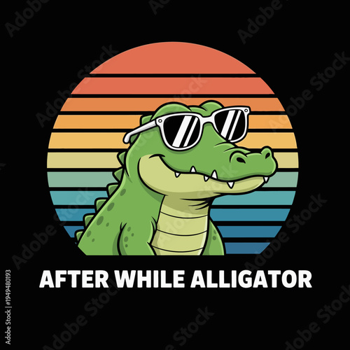 Smiling alligator wearing sunglasses portrait.