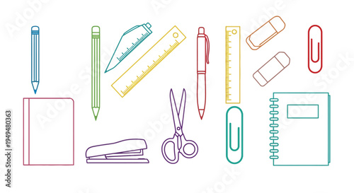 Colorful school supplies arranged on a white background illustration