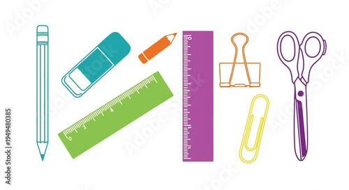 Colorful school supplies arranged on a white background including a ruler