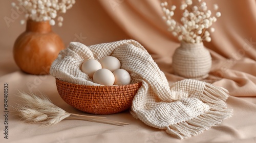 White eggs in a woven basket with a textured cream blanket, dried flowers and wheat on a soft beige fabric background.