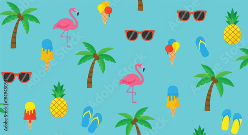 A colorful illustration of summer vacation icons on a bright turquoise background