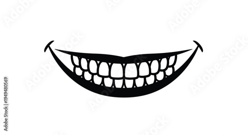 A stark black and white illustration of a wide unsettling grinning mouth