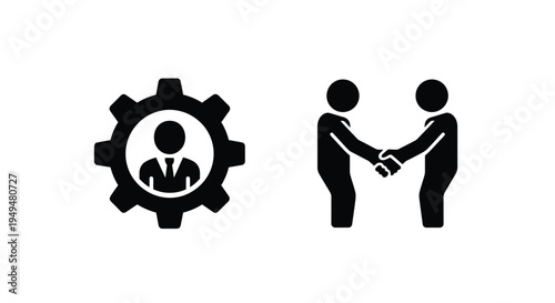 Teamwork and collaboration illustrated with icons of gears and handshakes