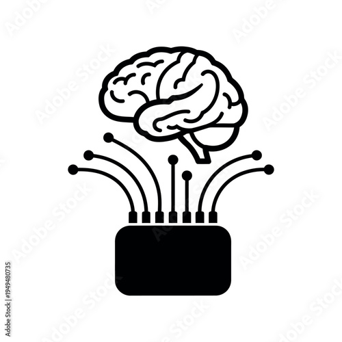 Brain computer interface icon with neural connections reaching from electronic hardware base to human mind outline
