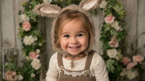 Smiling toddler wearing bunny ears costume in front of floral backdrop, looking at camera in a cute spring portrait.