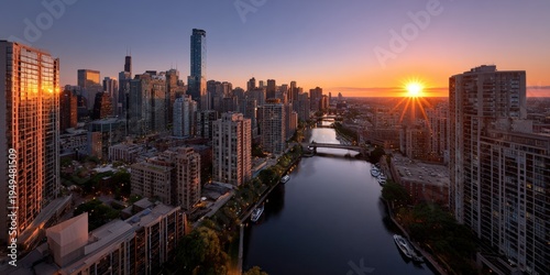 Urban skyline at sunset with river, high-rise buildings, and boats reflecting warm light in a modern cityscape.