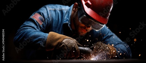 Industrial worker in protective gear grinding metal with power tool, sparks flying in dark workshop.