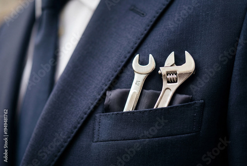 Close up of a business suit pocket containing small metallic wrench and adjustable spanner tools
