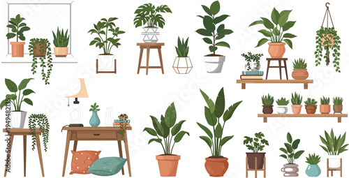 Indoor Houseplants Home Decor Vector Collection with Potted Plants Shelf Displays Hanging Plants and Modern Interior Botanical Elements Isolated on White Background.