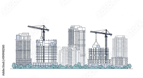 Cityscape construction site with cranes and buildings.