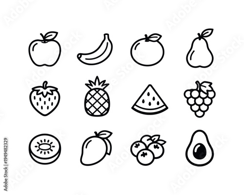 Healthy fruits nutrition: apple, banana, orange, pear, strawberry, pineapple, watermelon slice, grapes bunch, kiwi half, mango, blueberry cluster, avocado half