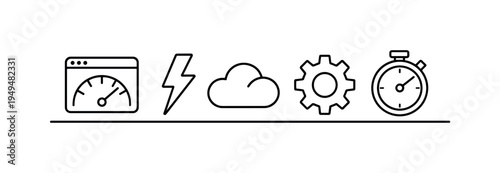 Website and application performance optimization for faster digital services and improved online user experience, speed gauge meter, lightning bolt, cloud, gear, and stopwatch