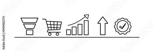 E commerce conversion tracking and sales performance monitoring helping businesses improve online customer acquisition and purchase outcomes, funnel diagram, shopping cart, bar