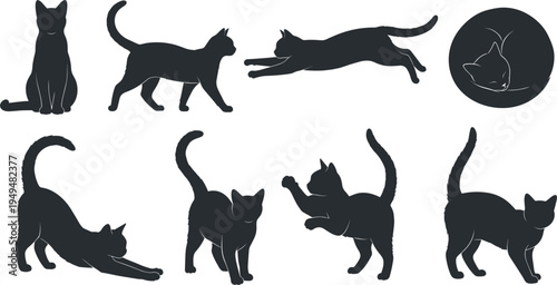 Black Cat Silhouette Pose Collection Vector Set with Sitting Walking Stretching Jumping Playing and Sleeping Feline Shapes Isolated on White Background.