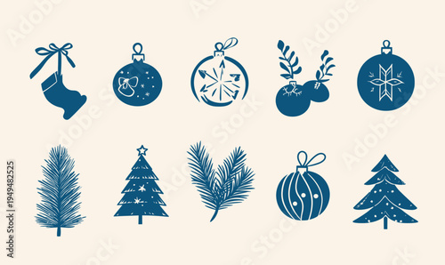 Set of blue Christmas and New Year icons featuring stockings, baubles, holly berries, pine branches, and decorated Christmas trees in flat minimalist style on light background