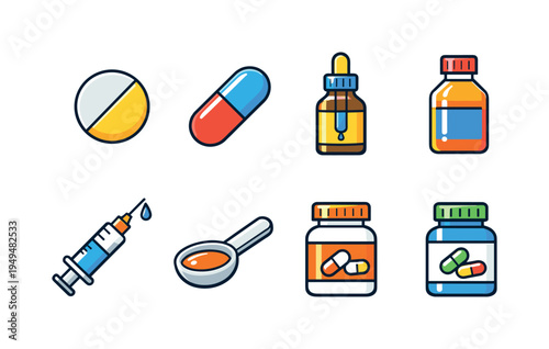 Pharmaceutical medication forms: round pill tablet, capsule medicine pill, medicine dropper bottle, cough syrup bottle, syringe injection, medicine measuring spoon, pharmacy pill