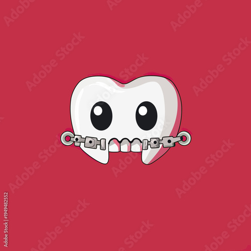 Cute cartoon tooth with braces orthodontic metal braces on red background dental health concept vector illustration flat design