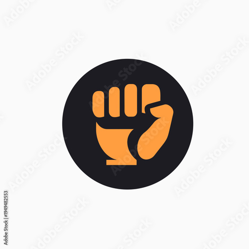 Raised orange fist icon with black outline inside black circle symbolizing strength power resistance unity in flat minimalist vector style isolated on white background