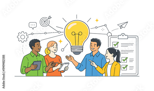 A multicultural team standing together while discussing ideas and planning a business initiative, illustrated through a visual metaphor of a large light bulb, connection lines, and