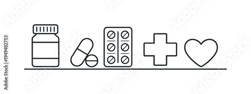 Pharmacy medication storage and healthcare treatment concept representing organized medical supplies and proper medicine usage, pill bottle, capsule pill, blister pack, medical
