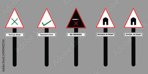 Set of 5 vector road signs including 'Don't Go Ahead', 'Designated to Cross', 'No Smoking', 'No School Ahead', and 'School Ahead' for traffic and safety concepts.
