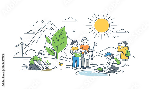 A sustainability focused outdoor scenario where people participate in protecting and caring for the environment while appreciating the beauty of natural landscapes together, visual