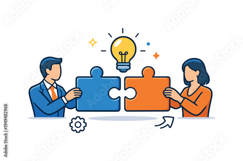 Business teamwork and strategic collaboration centered on connecting ideas to solve challenges effectively, two puzzle pieces fitting together beside a small light bulb creating a