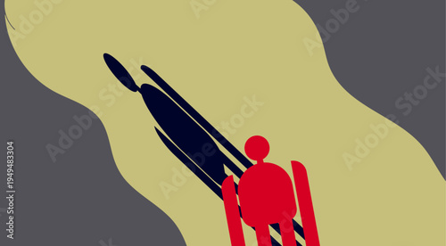 Minimalist Red Skier Silhouette With Long Shadow, Abstract Winter Motion Concept Art