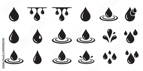 Water Drop Icons Set, Liquid Droplet Silhouette Collection.