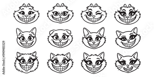A set of vector images of a smiling cat face with a grin on a transparent background.