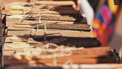 Canvas Print Traditional handmade incense sticks on display at an India Day festival in Mosco