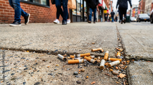 Pile of discarded cigarette butts on a city sidewalk. Urban litter and smoking pollution concept with pedestrians in background
